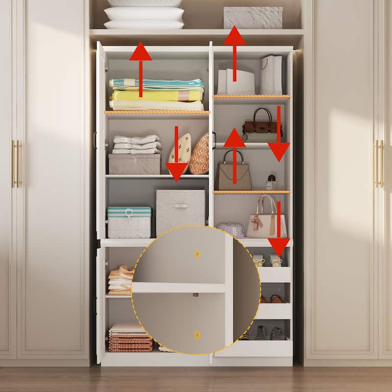 White Wardrobe Closet with Adjustable Shelves Solid Wood Frame Storage Cabinet for Home Organization