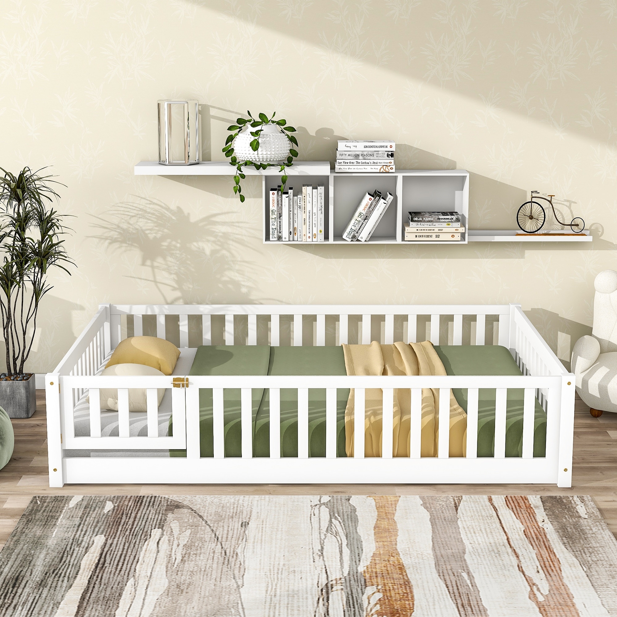 Full Size Floor Bed with Fence and Door,Rubber Wood Floor Bed with Safety Guardrails