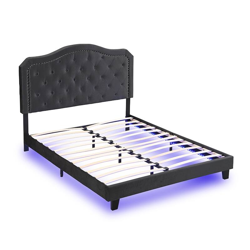 Upholstered Bed Button Tufted Curve Design Wood Slat Support LED Light Platform Bed Queen Light Grey