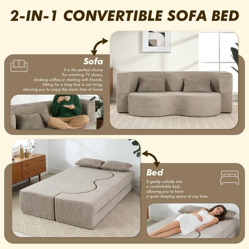 75 Inch Memory Foam 2-in-1 Foldable Sleeper Sofa Bed w/ 2 Pillows for Living Room
