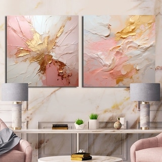 Designart "Gold And Pink Paint Fusion" Abstract Painting Canvas Set Of 2 - Modern Wall Art Set Beige Wall Art 2 Pieces