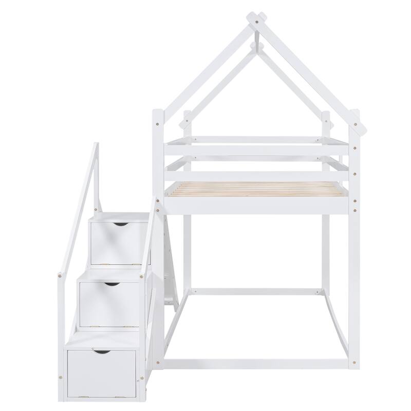 White Twin over Twin House Loft Bunk Bed with Slide, Staircase and Storage