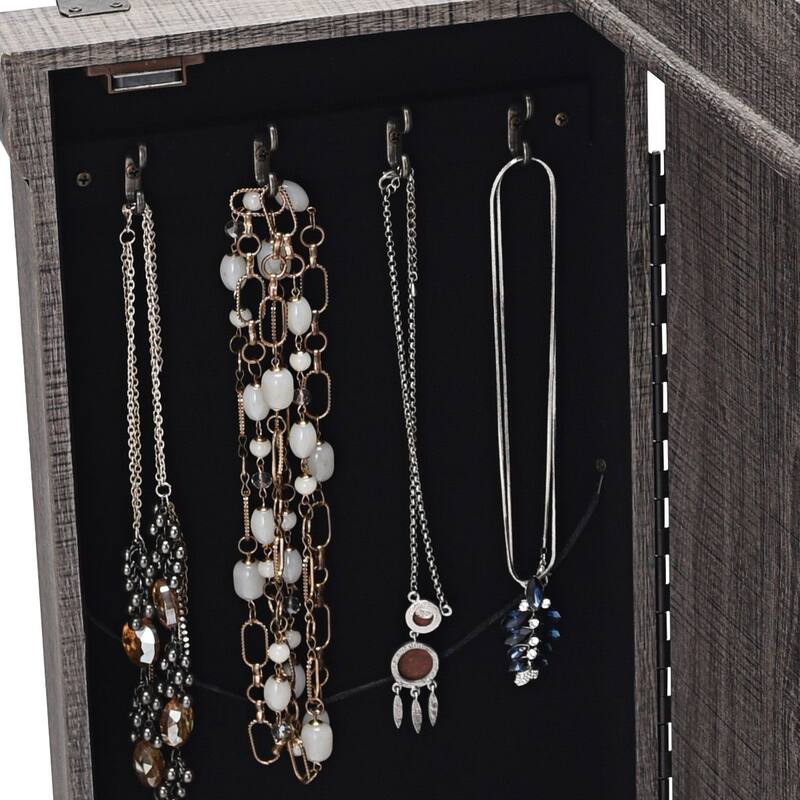 Grey Jewelry Organizer Cabinet with Dressing Mirror 5 Drawers Side Doors and Secure Necklace Hooks