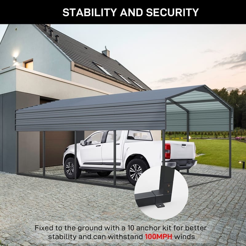 19.5 ft. W x 12 ft. D x 8.5 ft. H Carbon Black Galvanized Steel Peaked Carport
