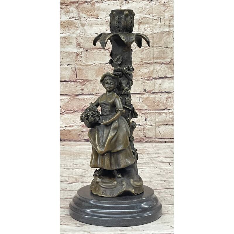 Young Woman Holding A Basket Of Flowers - Bronze Metal Candle Holder Candelabra Sculpture
