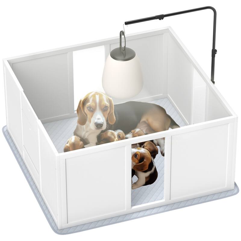 PawHut Whelping Box for Dogs, Newborn Puppy Supplies with Retractable Light Stand, Waterproof Pee Pad, Adjustable Height Door - White