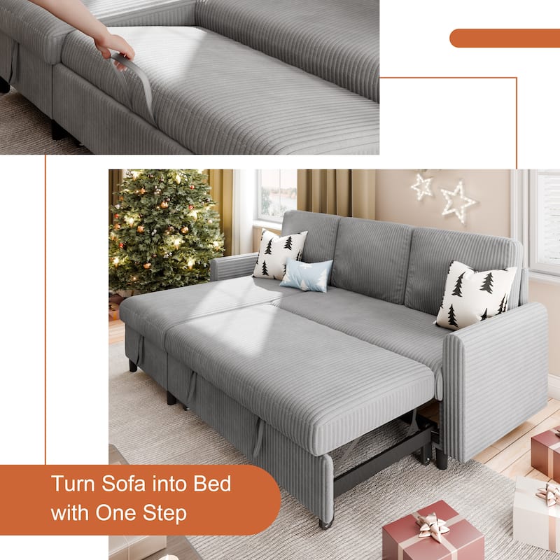 Futzca 3-in-1 Convertible Corduroy Sofa Bed with Storage, L-Shaped Sectional Couch