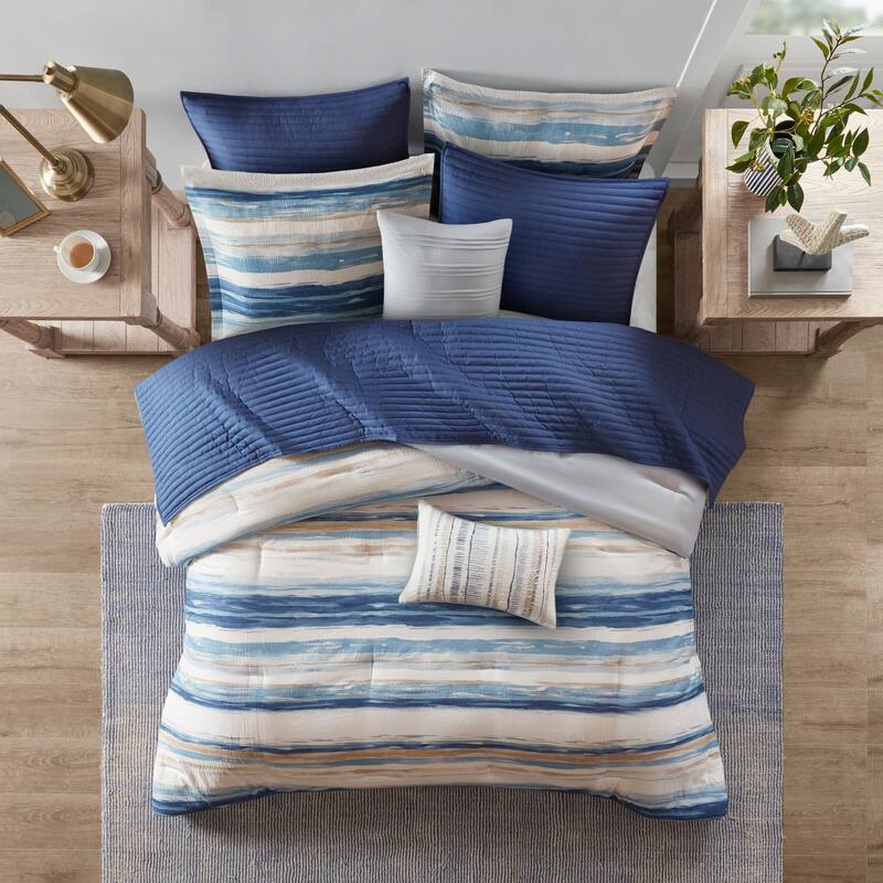 Madison Park Anchorage 8 Piece Printed Seersucker Comforter and Quilt Set Collection