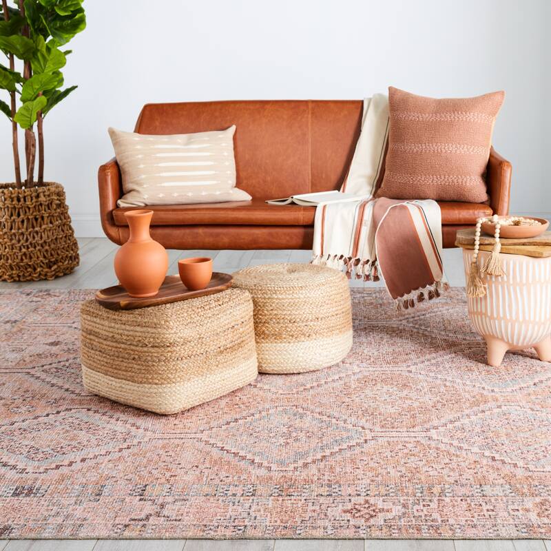 Marquesa Machine Washable Trellis Light Pink/ Blue Area Rug