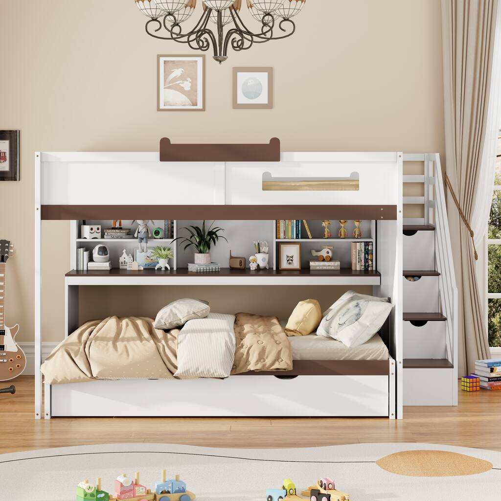 Full Over Full Bunk Bed with Twin Trundle, Staircase, Kids Loft Bed with Storage, LED Lighting, Space-Saving Wood Bed Frame