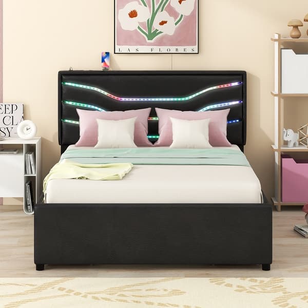 slide 2 of 32, Queen Size Upholstered Storage Platform Bed with LED Black