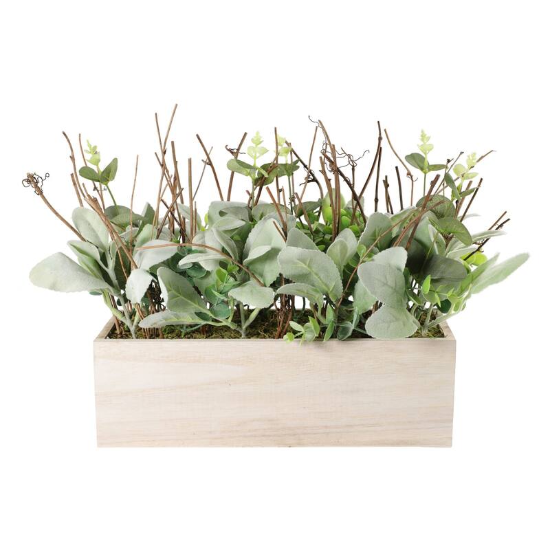 12" Green and Beige Lambs Ear Faux Plant Arrangement in a Wooden Planter