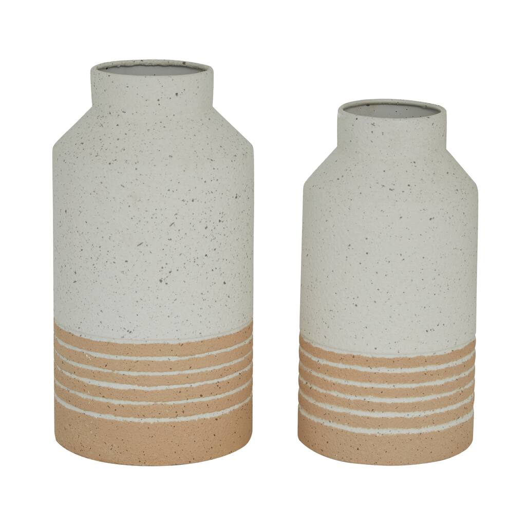 Metal Vase with Stripes - Set of 2 White - Roche River Decor - 6"W x 6"L x 12"H