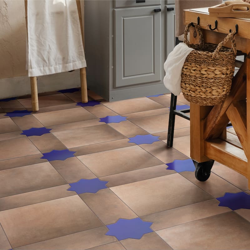 Merola Tile Argile Bordeaux Ferrara with Losanga and Blue Star 24-5/8" x 24-5/8" Porcelain Floor and Wall Tile - Kit ( 4 Tiles)