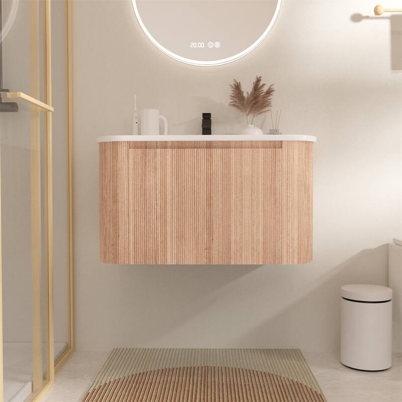 30" Wall Mounted Bathroom Vanity with Sink Curved Design, Soft Close Drawer