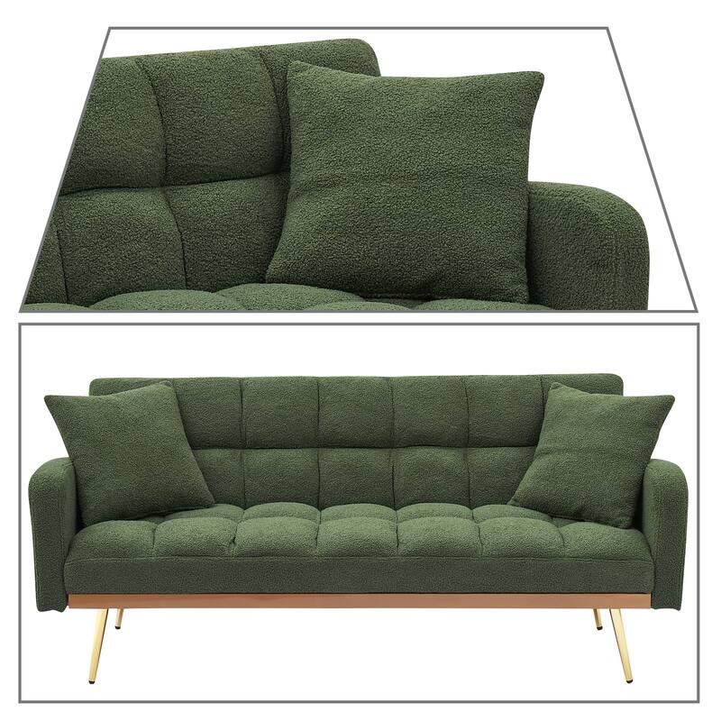 Classic Teddy Fabric Upholstered Convertible Futo Sofa Bed with 2 Throw Pillows