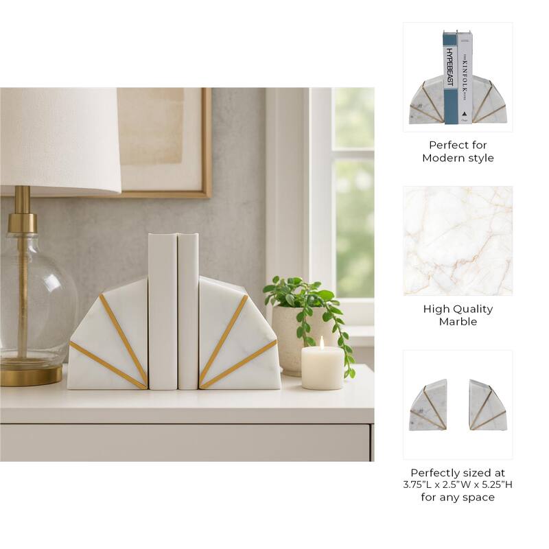 Decorative Marble and Brass Inlay Bookends - 5.5", White & Gold - 5.25"