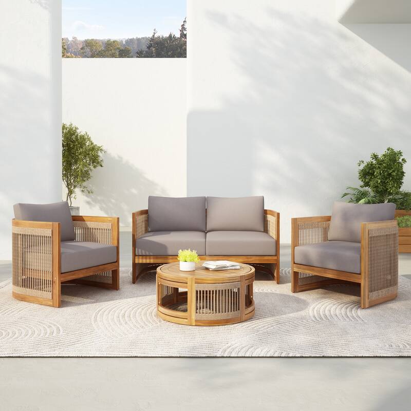 4-Piece Patio Conversation Set, All Weather Sectional Sofa Set w/ 2 Chairs, Loveseat & Table, Acacia Wood Outdoor Furniture Set - Teak