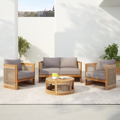 4-Piece Patio Seating Group w/ 2 Chairs, Loveseat & Table Premium Acacia Wood Outdoor Furniture Set