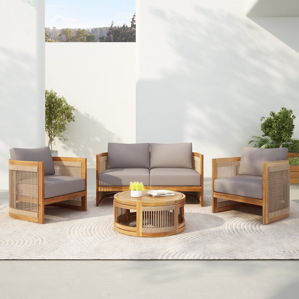 4-Piece Patio Seating Group w/ 2 Chairs, Loveseat & Table Premium Acacia Wood Outdoor Furniture Set