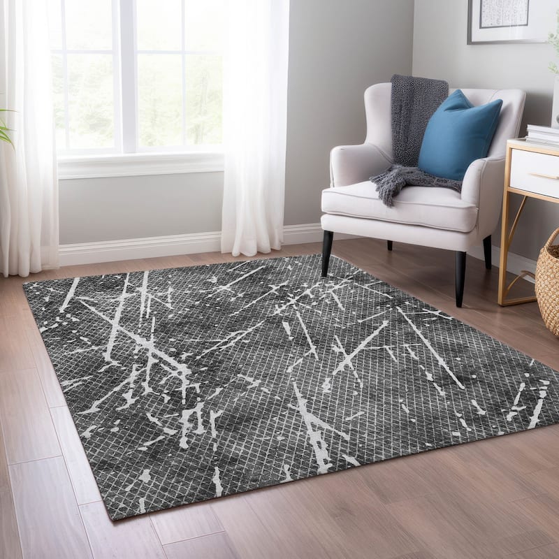 Machine Washable Indoor/ Outdoor Chantille Contemporary Crackle Rug - Charcoal - 3' x 5'