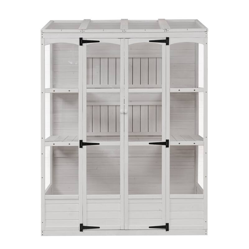 78"H Fir Wood Walk-in Greenhouse with 4 Skylights & 2 Folding Shelves