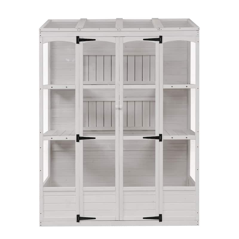 Wooden Greenhouse Cold Frame with 4 Independent Skylights and 2 Folding Middle Shelves, Walk-in Outdoor Greenhouse