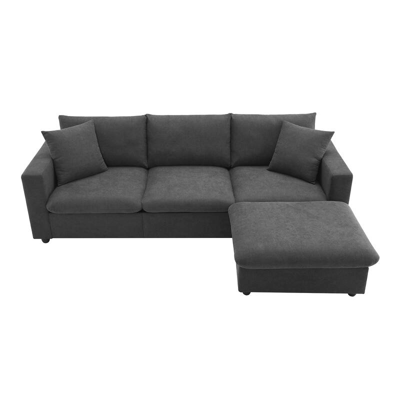 L-shaped Couch Set with 2 Free pillows,4-seat Polyester Fabric Couch Set with Convertible Ottoman for Living Room, Apartment