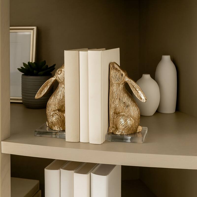 Metal Bookends Bunny Figurine Metallic Finish (Set of 2) - 9" Gold - 8.5"
