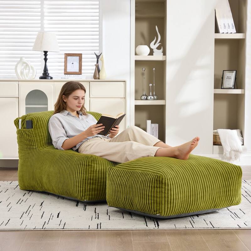 Corduroy Upholstered Lounger Large Ergonomic Support Compressed Bean Bag Sofa with Ottoman