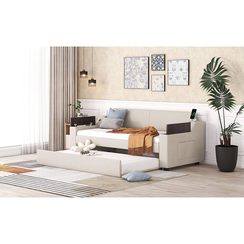 Twin Size Upholstery Daybed with Storage Arms, Trundle and USB Design