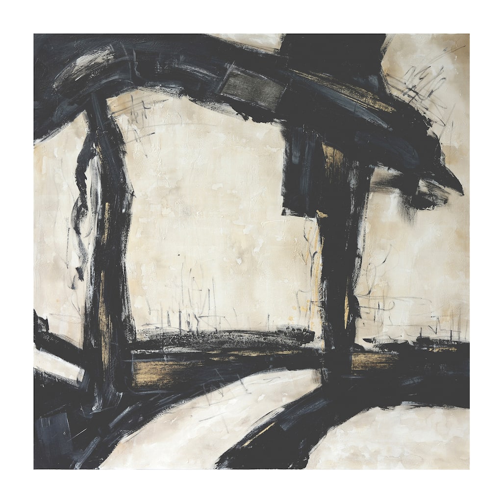 61X61 Framed Hand Painted Abstract Canvas, Black/G, Square, 61"H, Abstract
