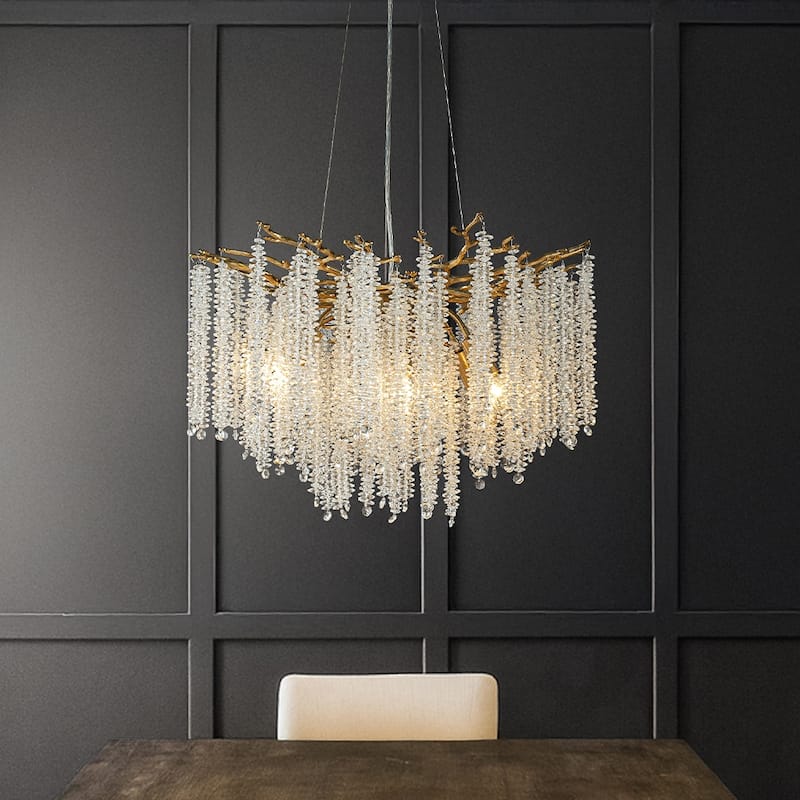 Modern Glam Crystal Chandelier Antique Brass/Polished Nickel Branch Style Pendant Ceiling Light for Dining Room Bedroom - W25'' - Antique Brass