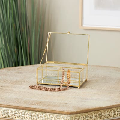 Clear Glass 3 Slot Decorative Jewelry Box with Gold Metal Frame and Chain Accent