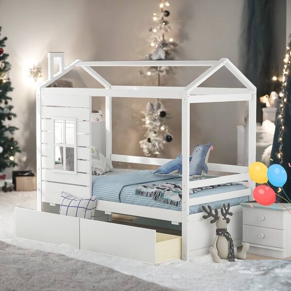 slide 2 of 9, Twin Size House Bed Wood Bed With Two Drawers,Kid-Friendly Design White