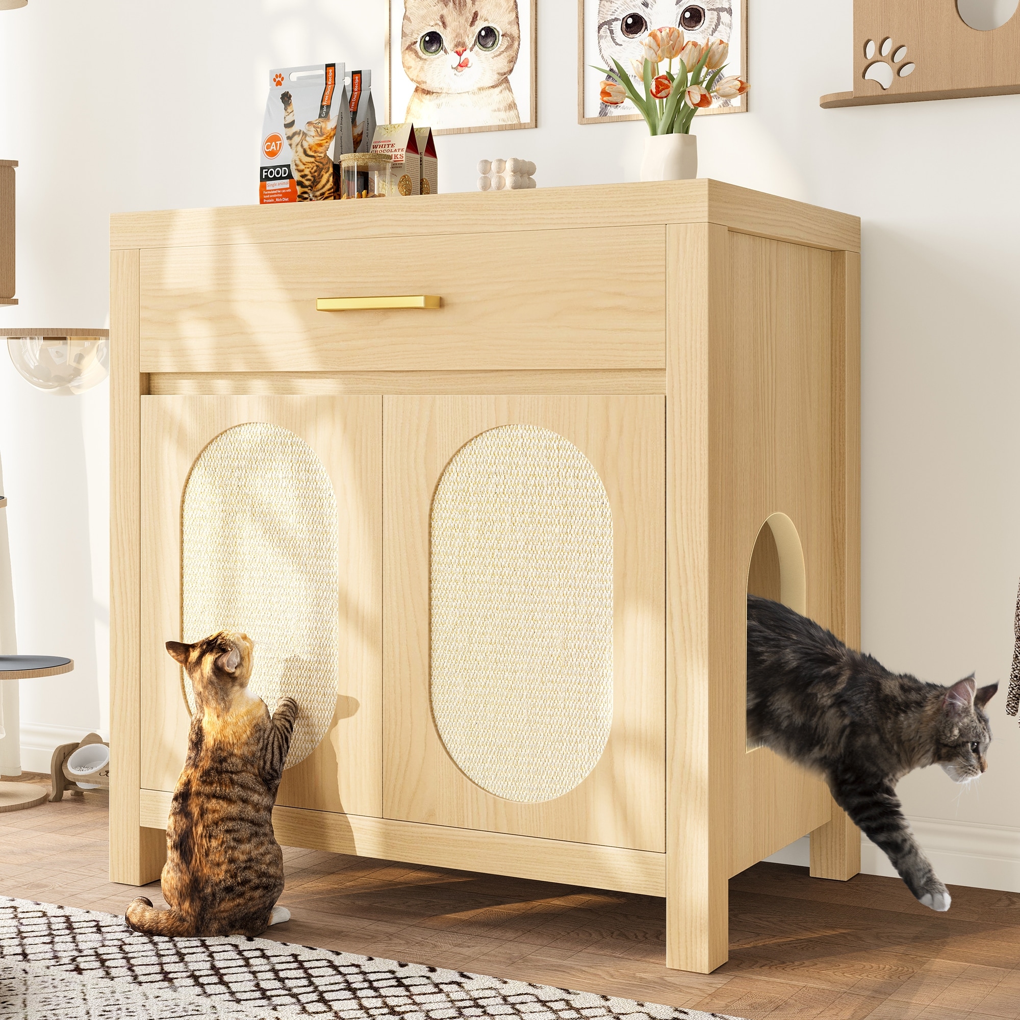 Cat Litter Box Enclosure, Hidden Cat Furniture with Scratching Board Doors and Storage Drawer, Nightst and Cabinet