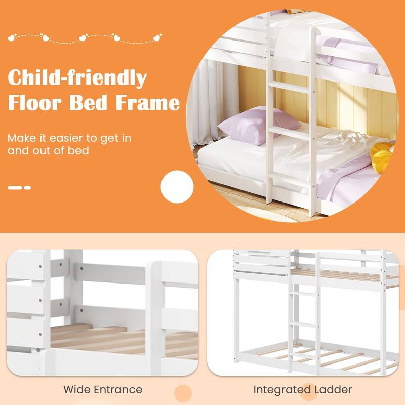 Gymax Twin over Twin House Bunk Bed Low-to-ground Bed Frame w/ Roof