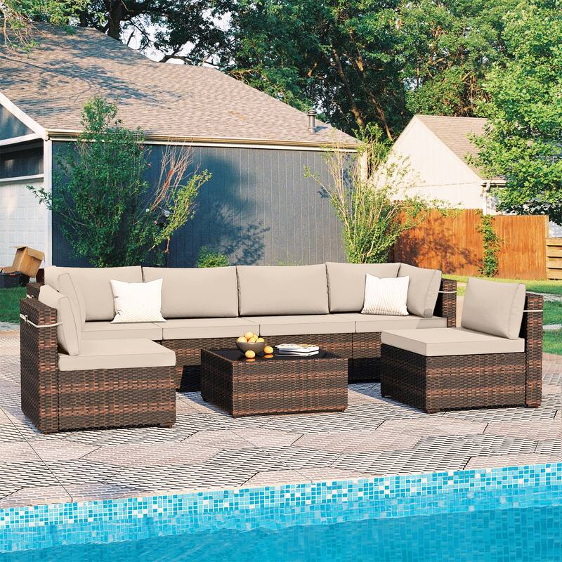 Patio Watcher Morden Outdoor 7-Piece Rattan Wicker Sectional Set Suit for Backyard - Beige