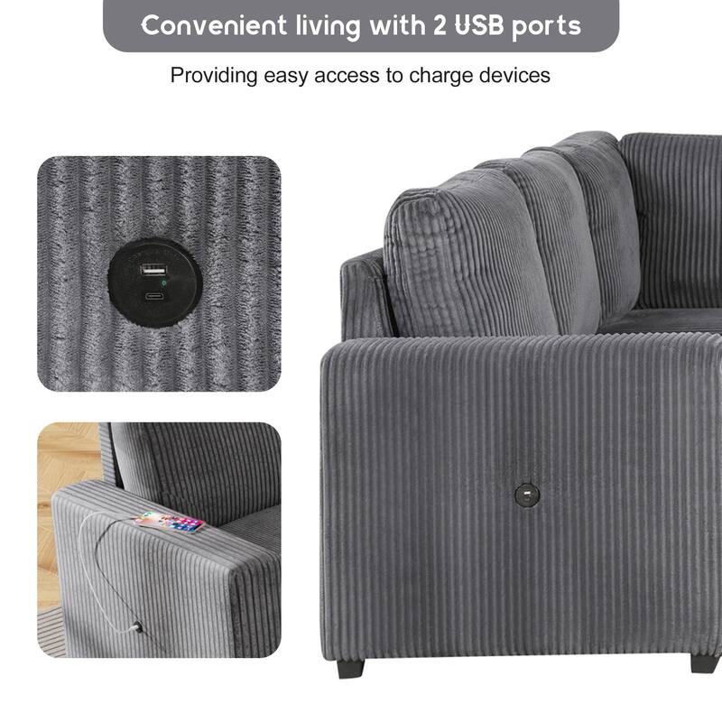 Convertible Sleeper Sofa with Pull Out Bed, 115.6" Oversized U Shaped Sectional Couch with USB Ports and Storage Chaise Lounge