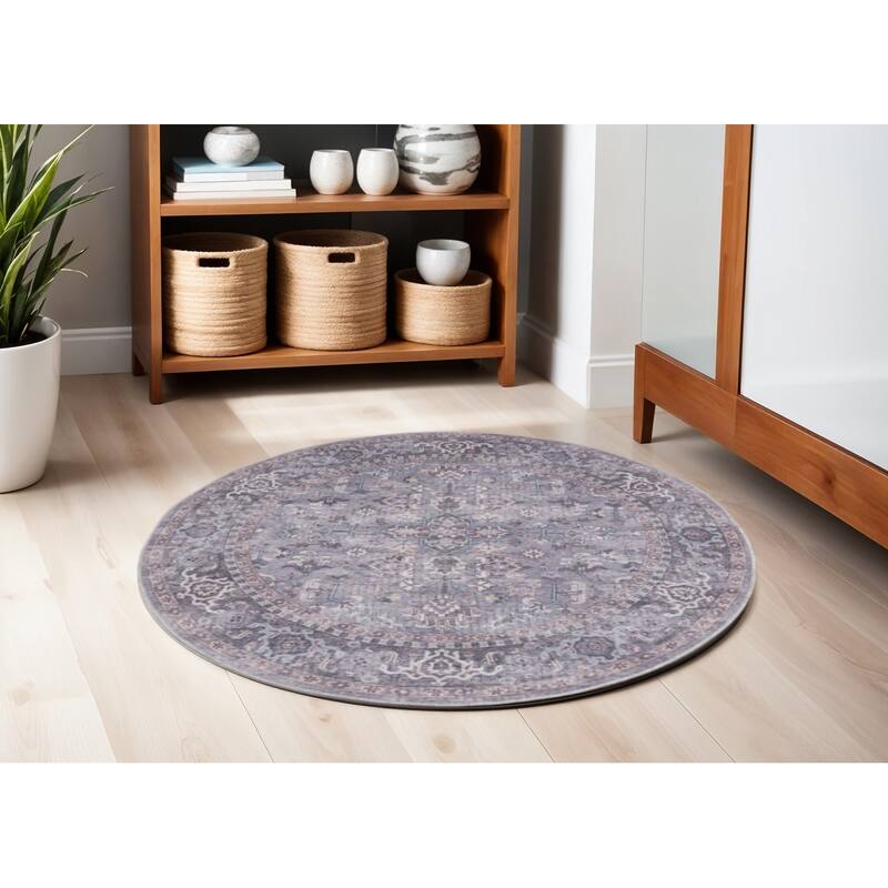 Power Loomed Distressed Geometric Floral Traditional Area Rug - 63' X '63' X '0.28 - 63' X '63' X '0.28 - Gray and Beige - Round
