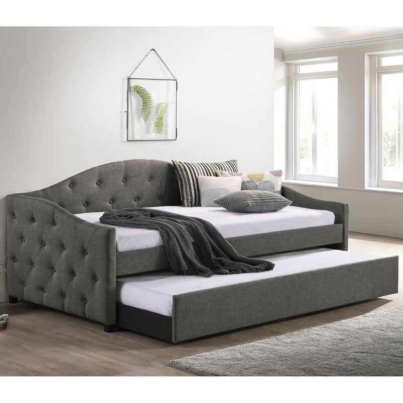 Grey Upholstered Twin Daybed with Pull-Out Trundle
