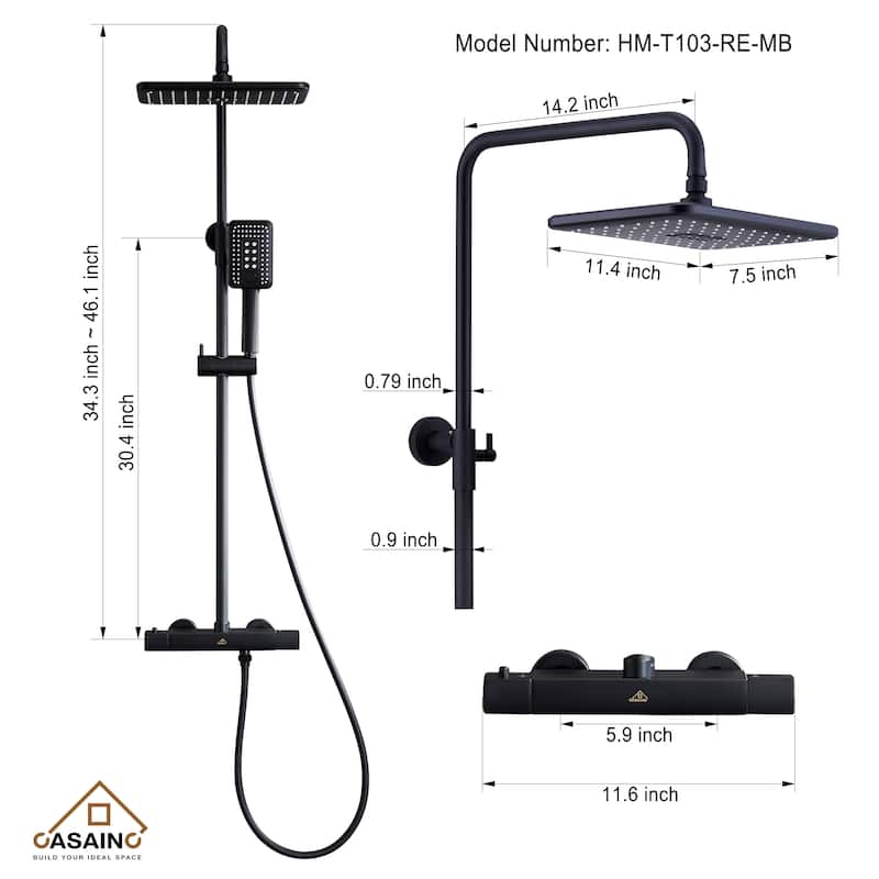 3-Spray Patterns Thermostatic Rain Shower Faucet Wall Mount Dual Shower Heads - 11.4" x 7.5"