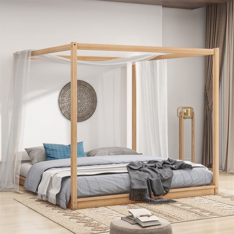Merax Canopy Platform Bed with Support Legs - Natural - King