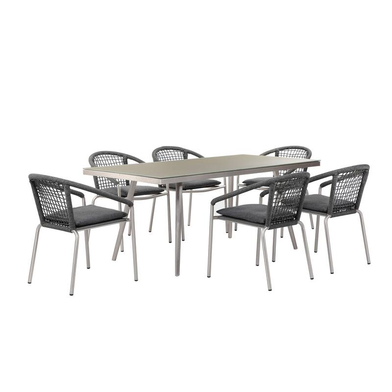 Phil 7 Piece Dining Set, Slate Gray Woven Rope, Sturdy Aluminum Frames - Grey