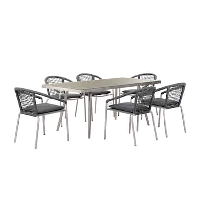 Phil 7 Piece Dining Set, Slate Gray Woven Rope, Sturdy Aluminum Frames