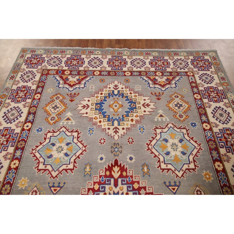 Gray Kazak Living Room Area Rug Hand-Knotted Wool Carpet - 6'9" x 10'2"