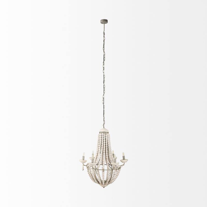 Phillum Silver Metal & White Wood Beaded Six Bulb Chandelier - 29"W x 29"D x 37"H