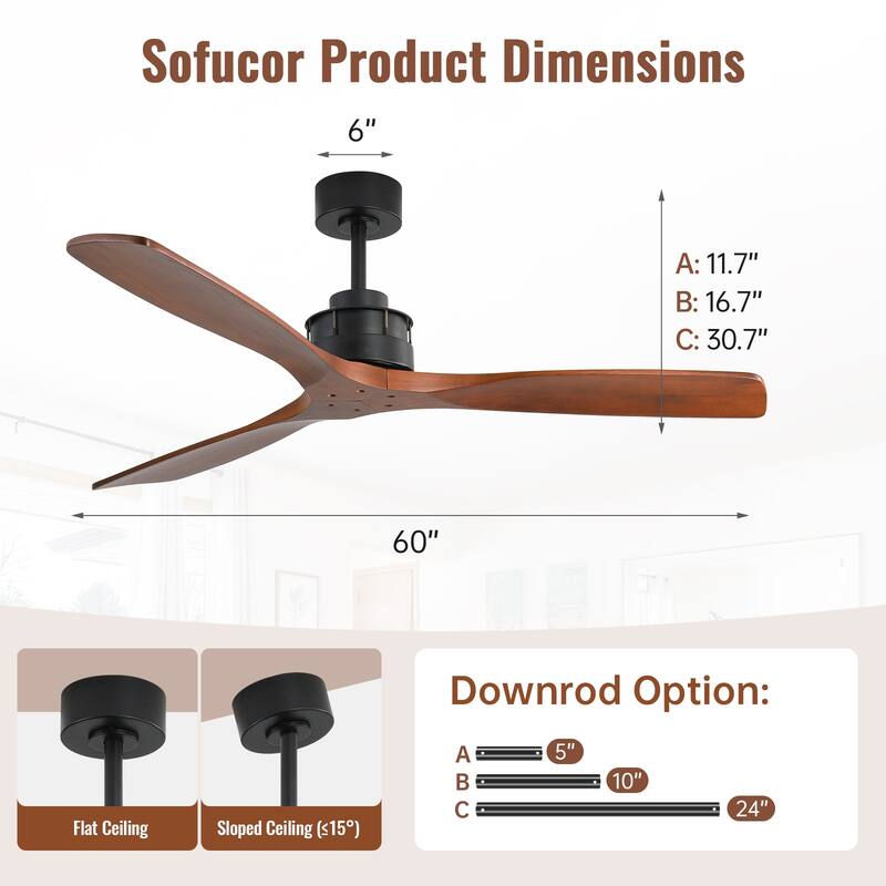 Sofucor 48/52/60 Inch Solid Wood Ceiling Fan with Light and Remote, Reverse Functions, Integrated Light Optional