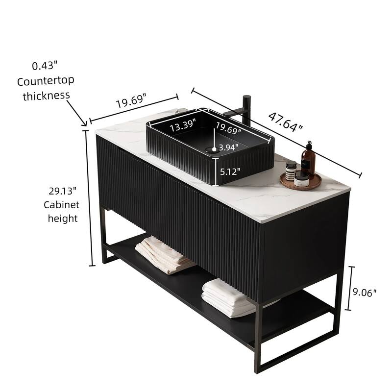 GDFStudio - Tulio 48" Freestanding Bathroom Vanity with 3 Doors, Open Shelf & Black Rectangular Ceramic Basin, WITHOUT Faucet