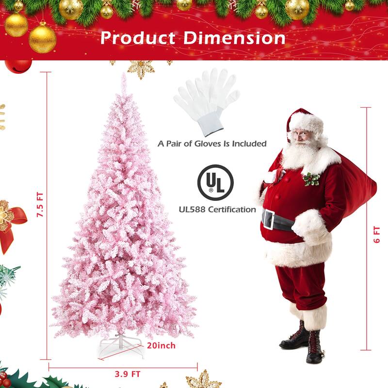 Gymax 7.5FT Pre-Lit Hinged Artificial Snow Christmas Tree Decor Tree